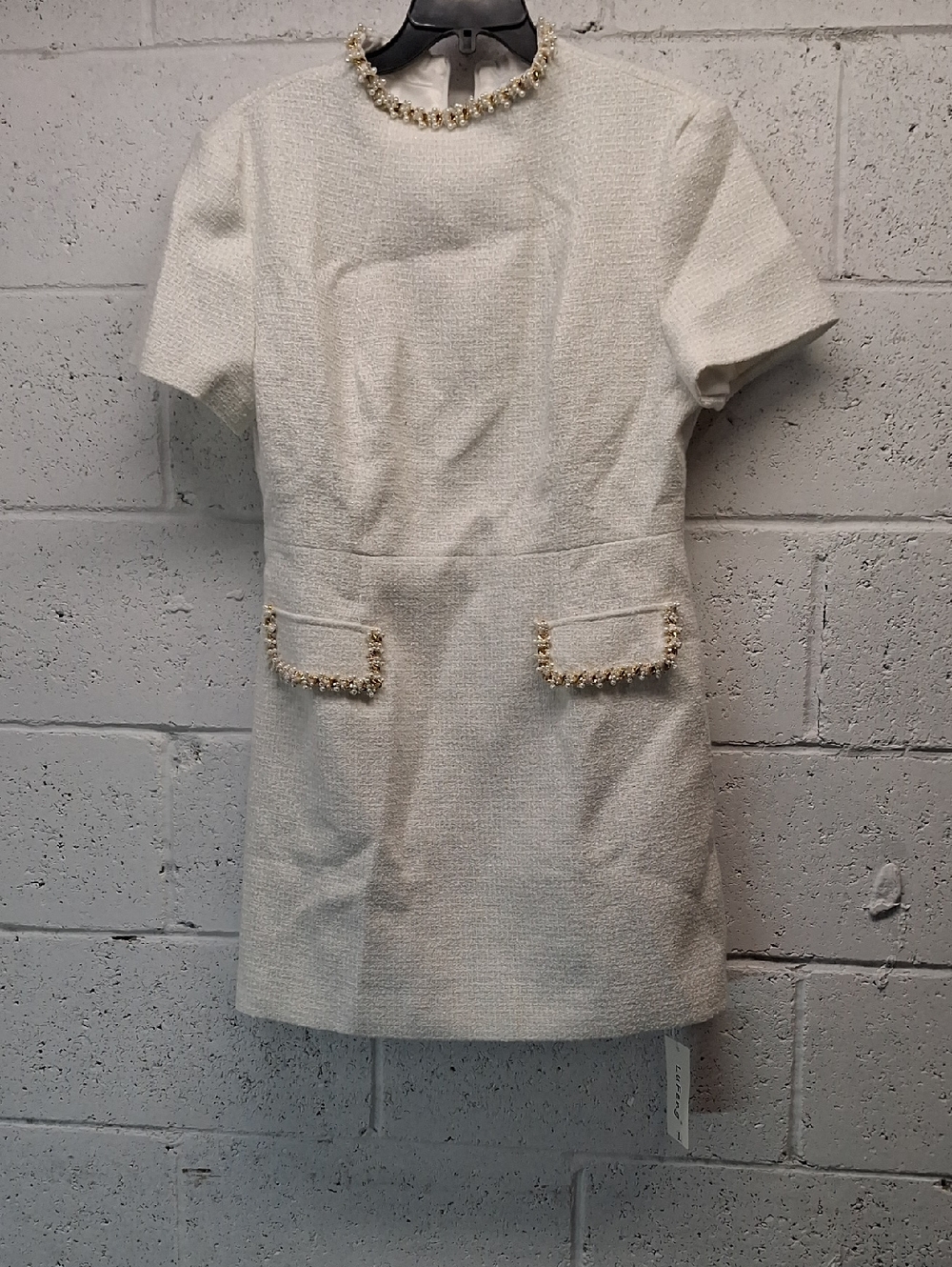 NWT Womens Lufeng White Tweed Short Sleeve Dress with Pearl Trim